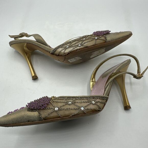 Rene Caovilla Gold Metallic Pink Beaded Leather Heels Slingbacks Sz 7 - Picture 5 of 10